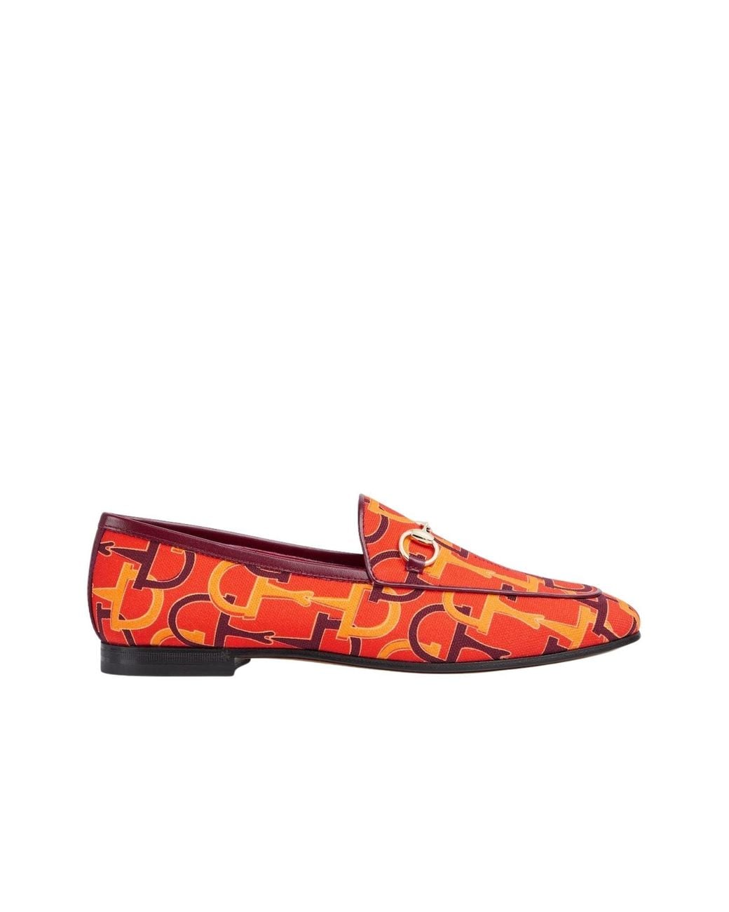 Gucci Red Jordaan Orange Horsebit Canvas Loafer
