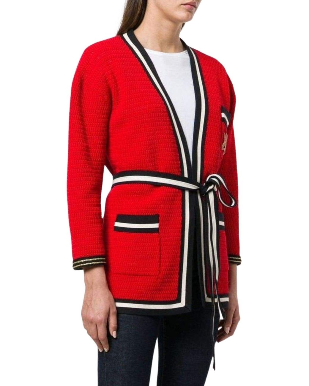 Gucci Red Striped Hem Cardigan Coat L