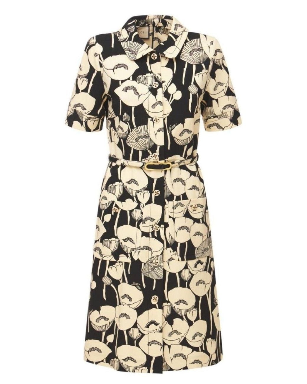 Gucci Black Poppy Floral Print Belted Jersey Dress