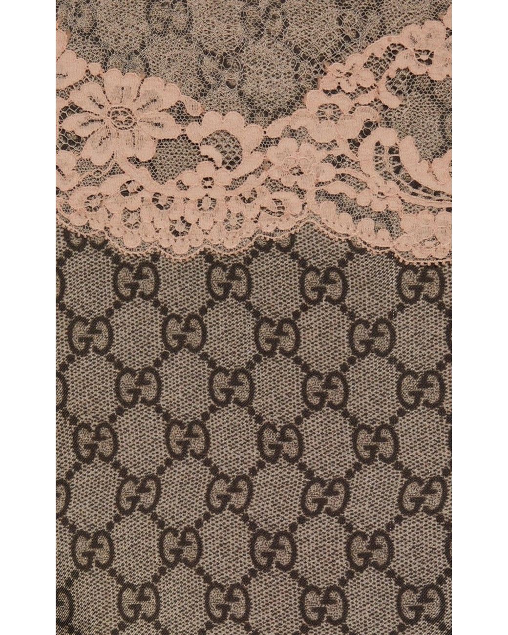 Gucci Natural GG Supreme Lace Trim Silk Maxi Dress
