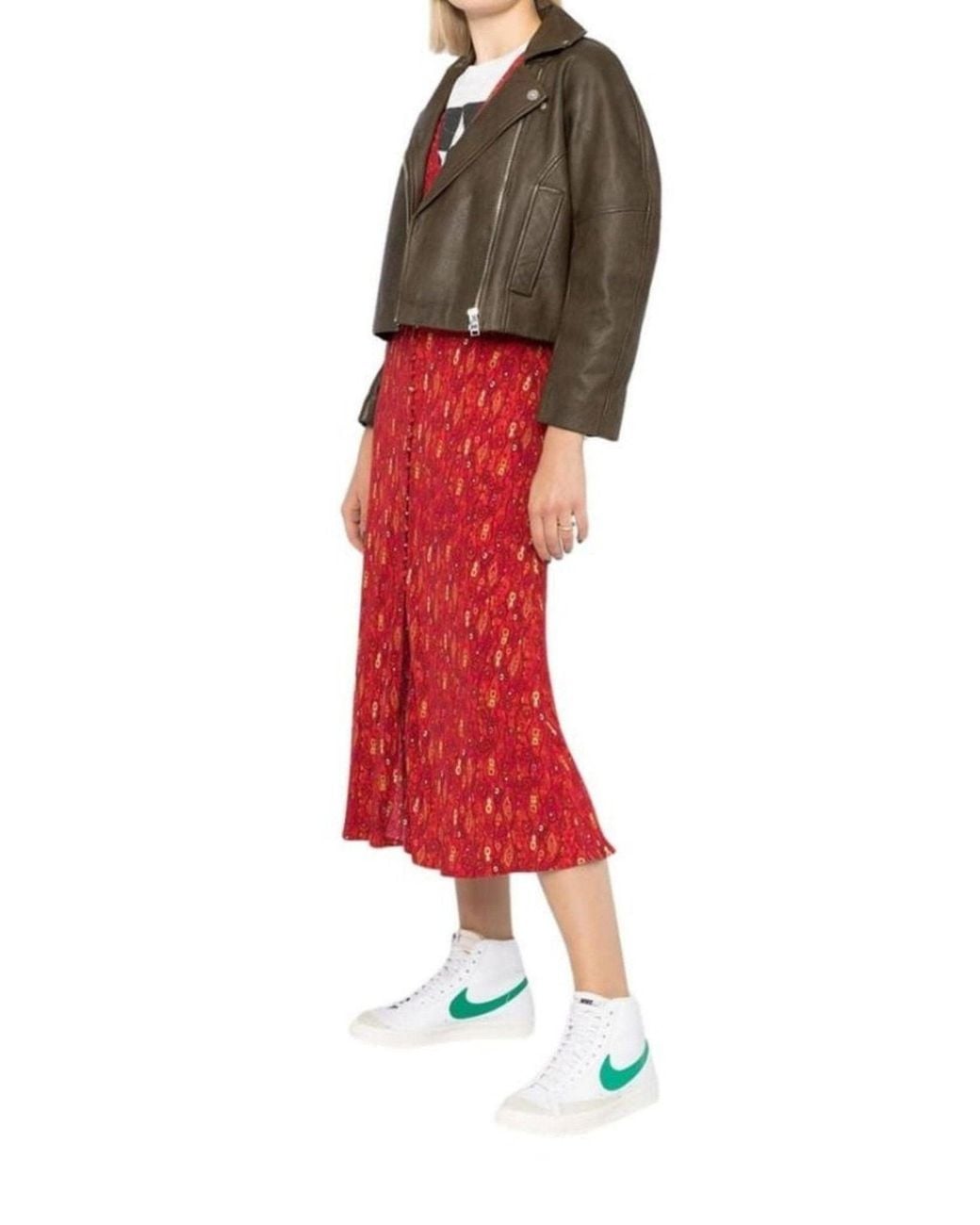 Ganni Green Leather Cropped Biker Jacket