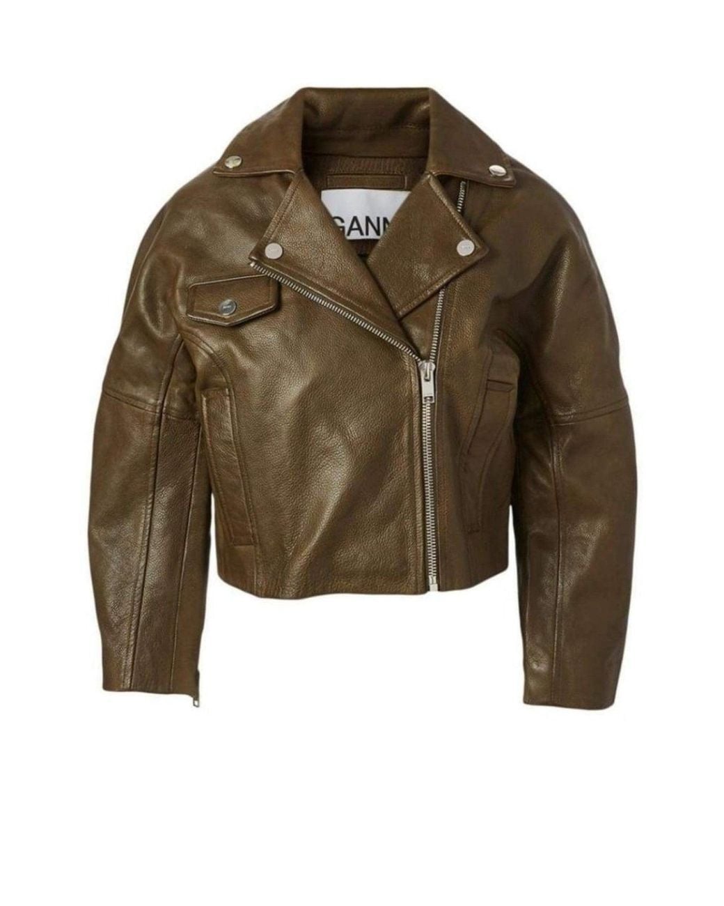 Ganni Green Leather Cropped Biker Jacket