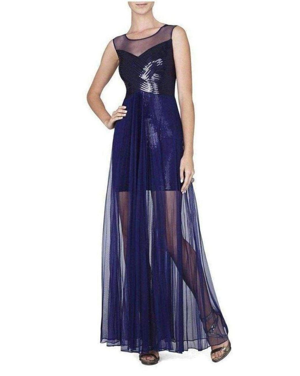 BCBGMAXAZRIA Blue Cynthia Sequinned Detail Sunburst Pleated Gown