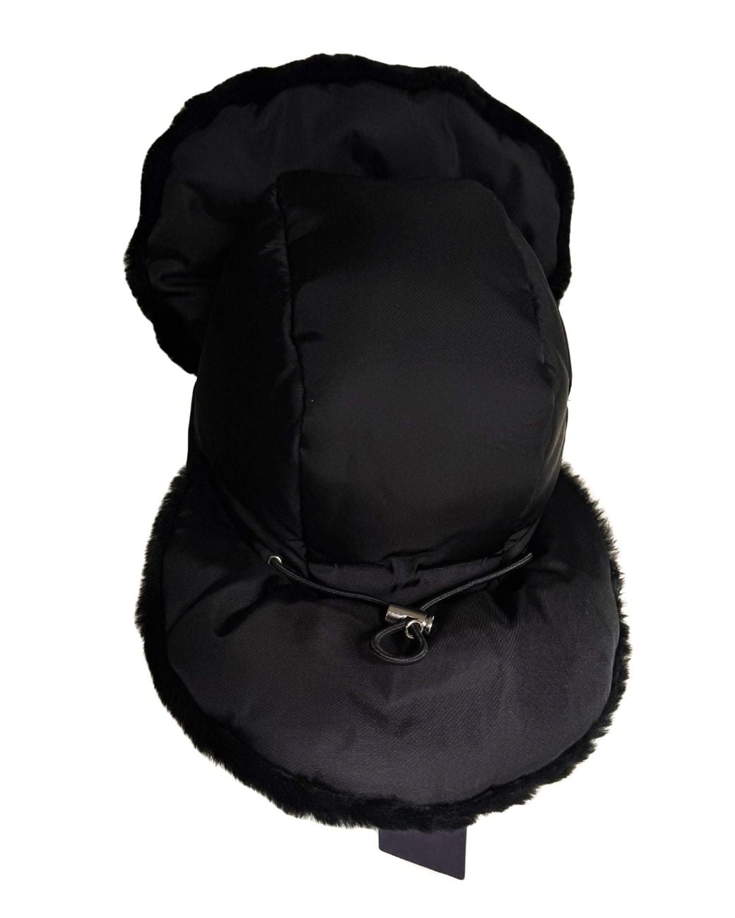 Prada Black Nylon & Shearling Trapper Hat