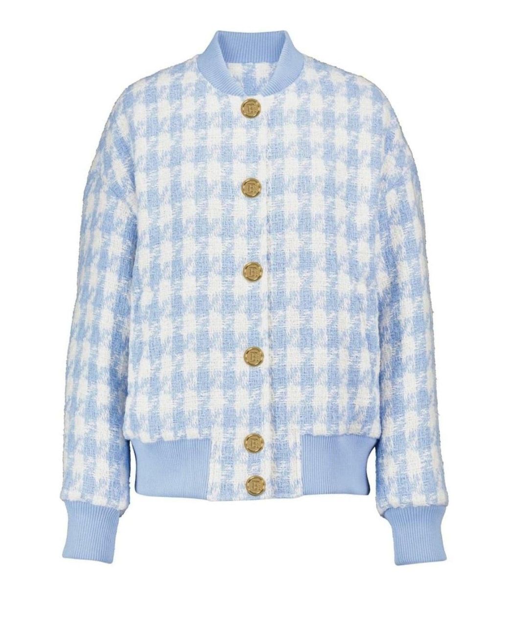 Balmain Blue Houndstooth Cotton-blend Tweed Bomber Jacket