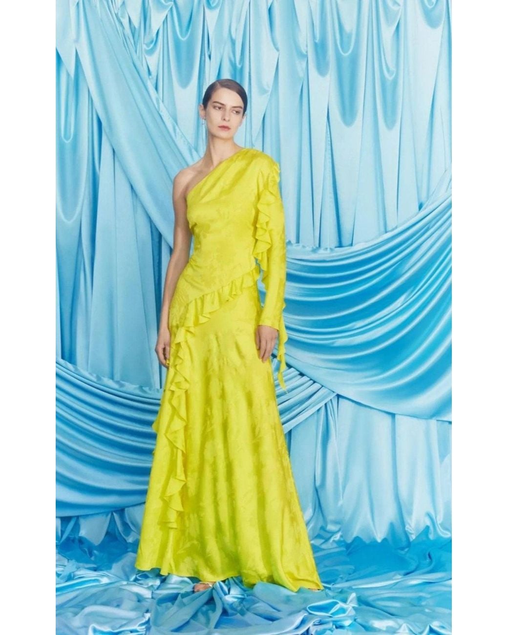 Alejandra Alonso Rojas One Shoulder Yellow Silk Ruffle Dress