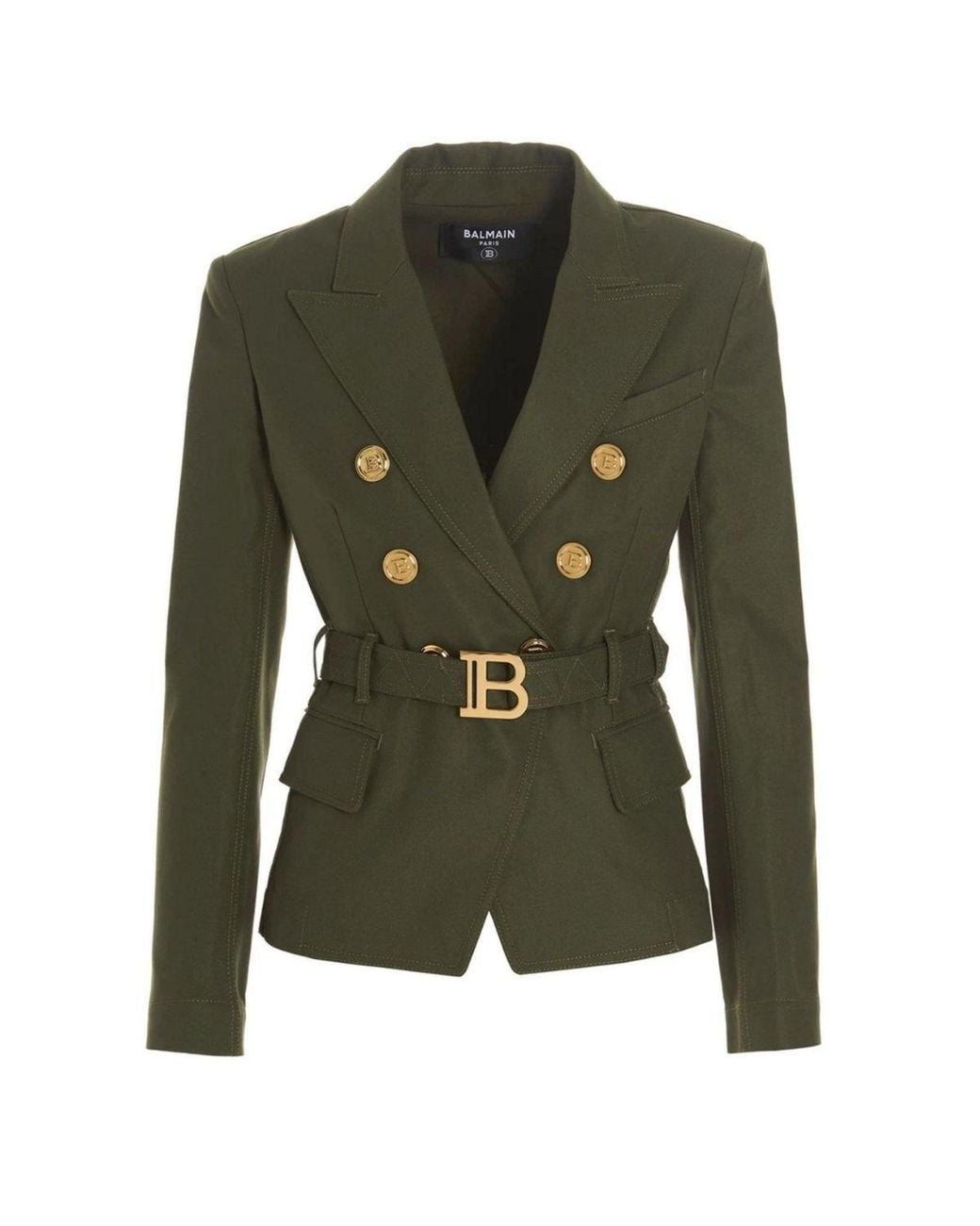 Balmain Green Belted Double-breasted Cotton Blazer