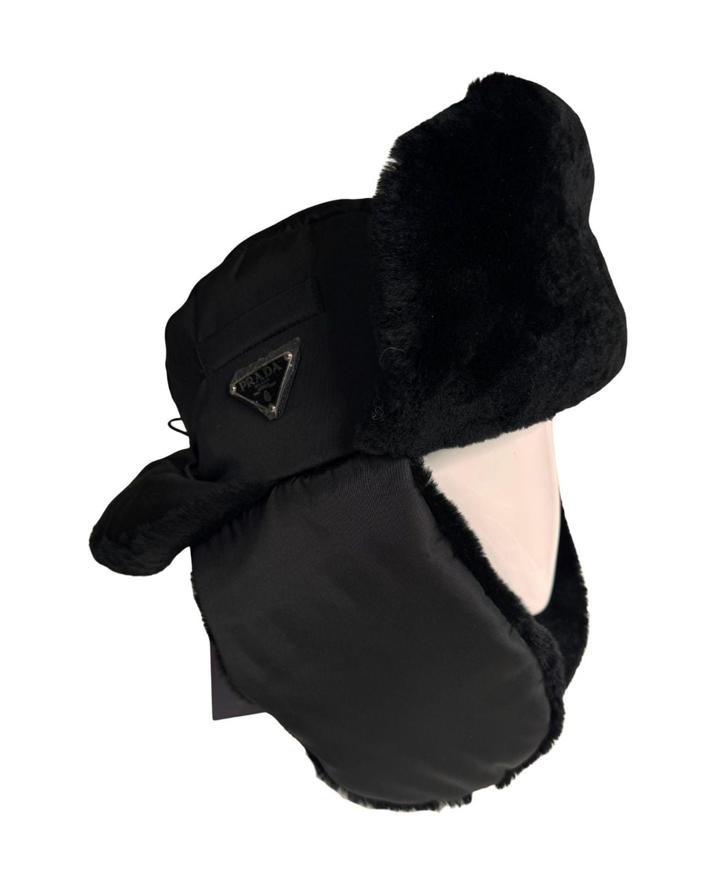 Prada Black Nylon & Shearling Trapper Hat