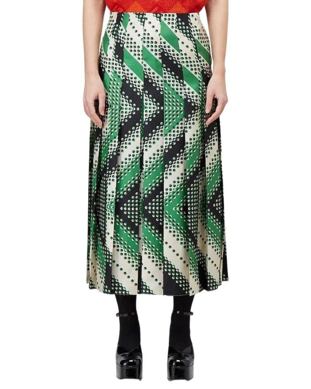 Gucci Green Pleated Chevron Print Silk Skirt