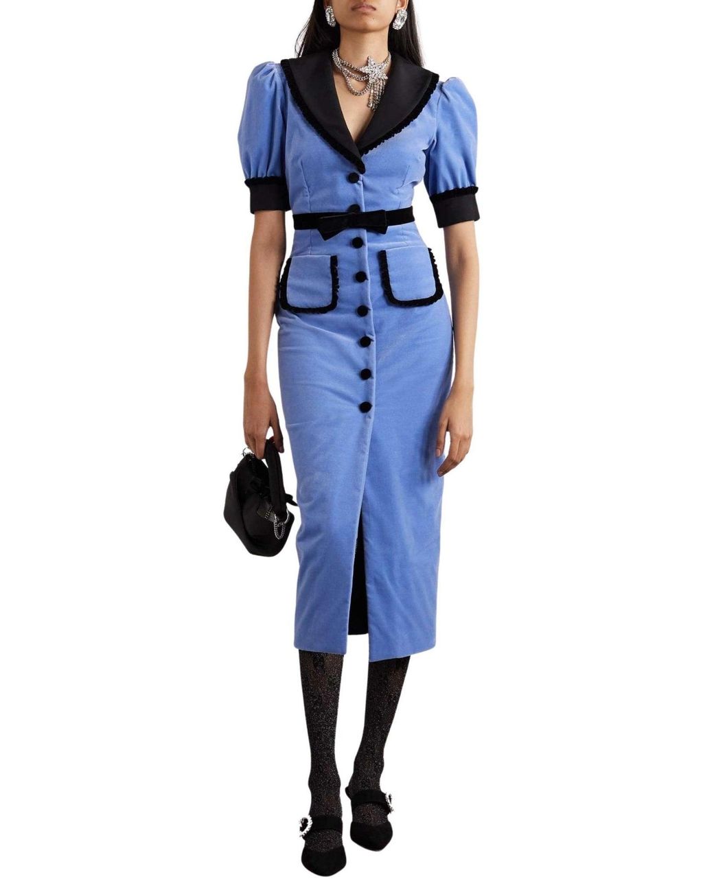 Alessandra Rich Blue Fitted Velvet Dress