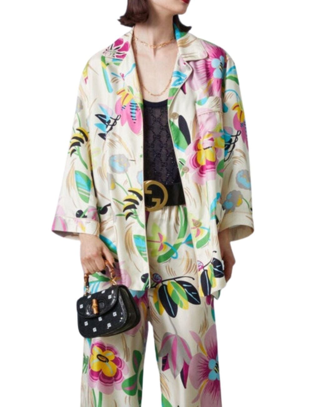 Gucci Green Floral Print Silk Oversized Shirt