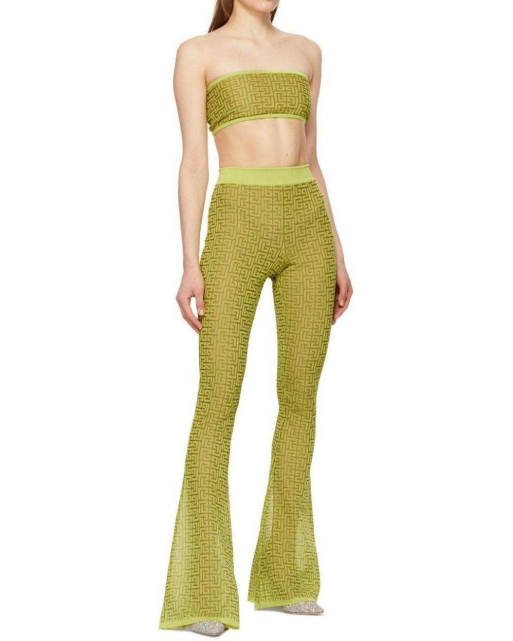 Balmain Green Semi-sheer Monogram Pattern Flared Pants