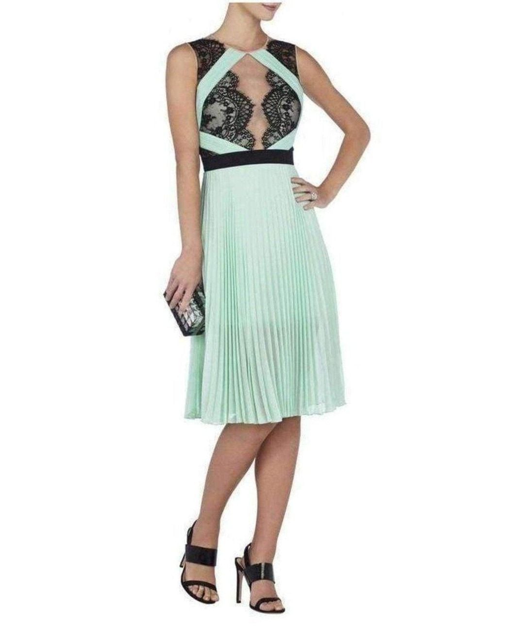 BCBGMAXAZRIA Green Scalloped Edge Pleated Dress