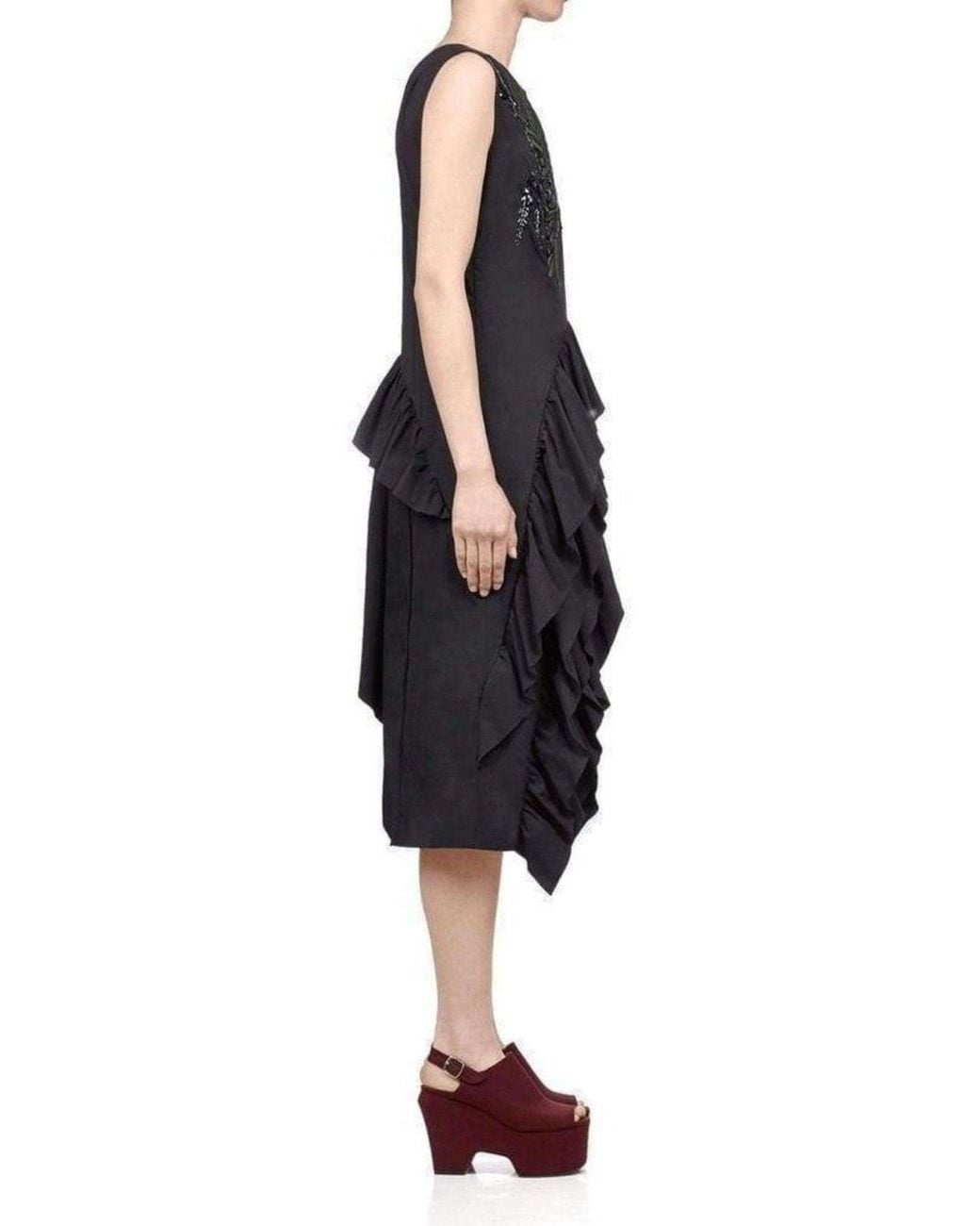 Dries Van Noten Black Sequinned Asymmetric Ruffle Cotton Dress Fr 38 (us 8)