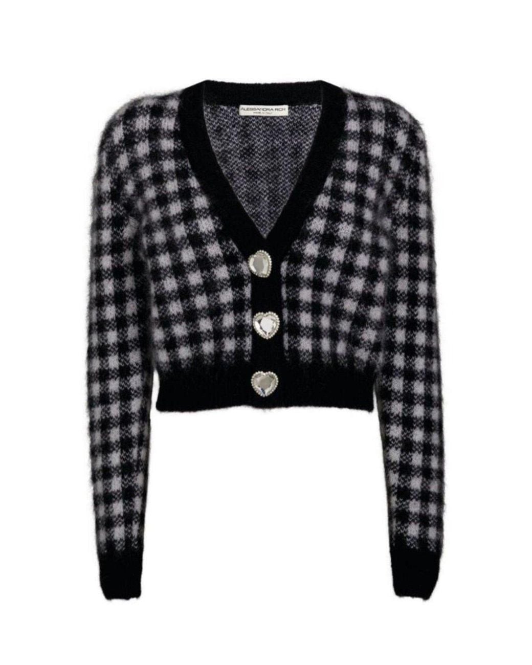 Alessandra Rich Black Embellished Check Mohair Cardigan