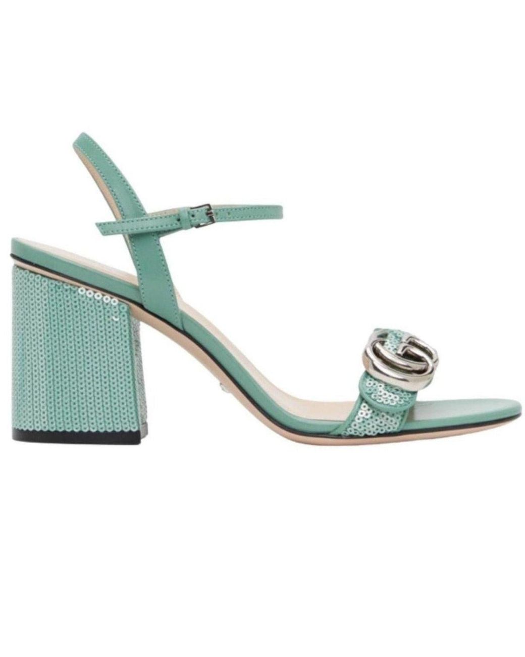 Gucci Blue Green Sequin GG Marmont Mid Heeled Sandals