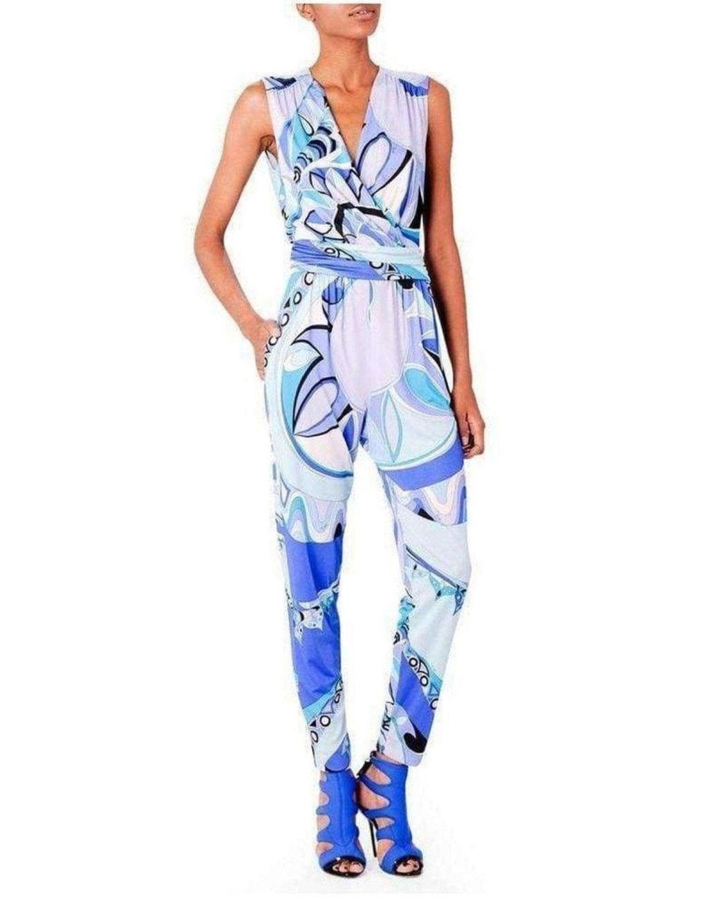 Emilio Pucci Blue Print Cross Front Jumpsuit