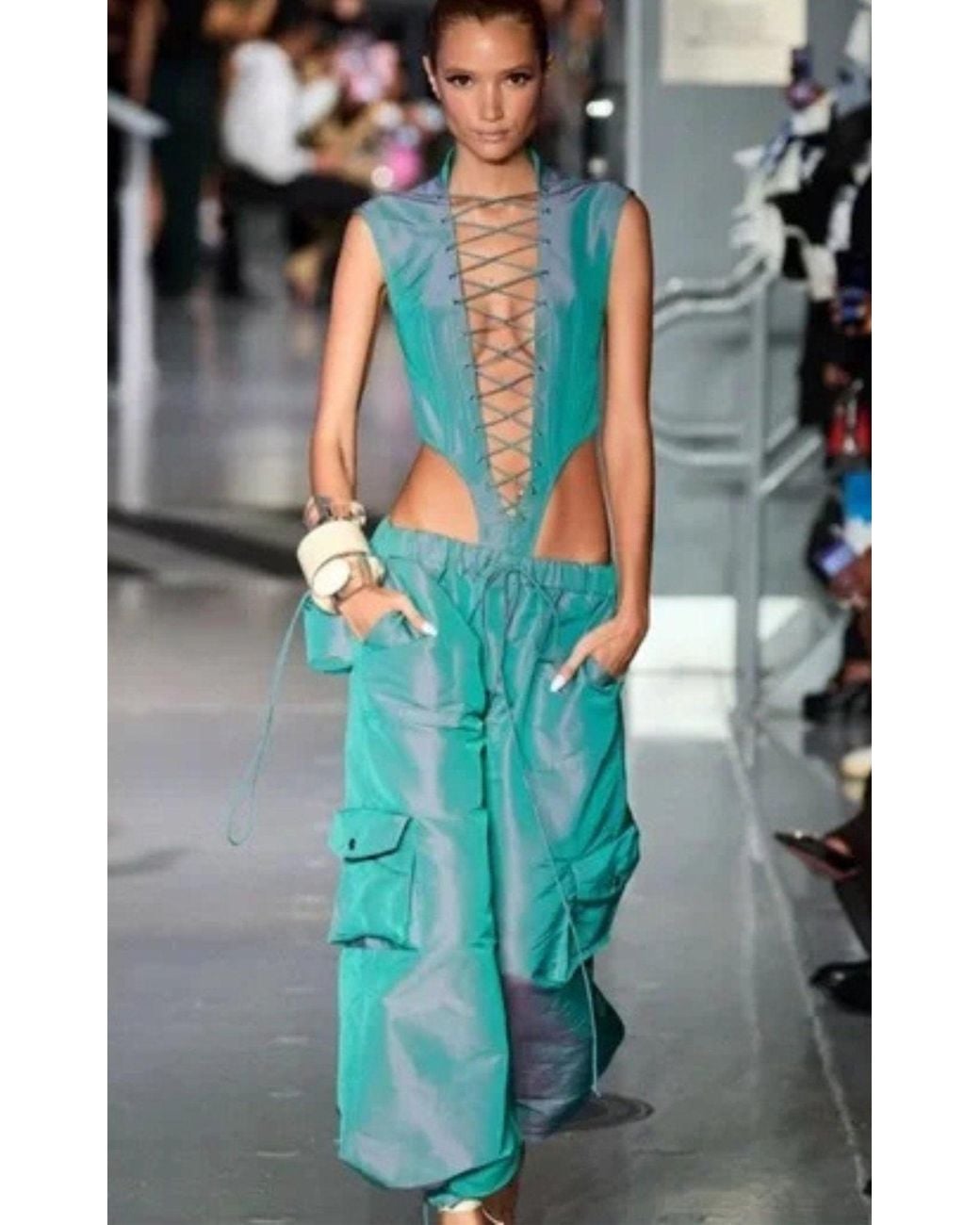 LAQUAN SMITH Green Sleeveless Lace Up Bodysuit Aqua Blue