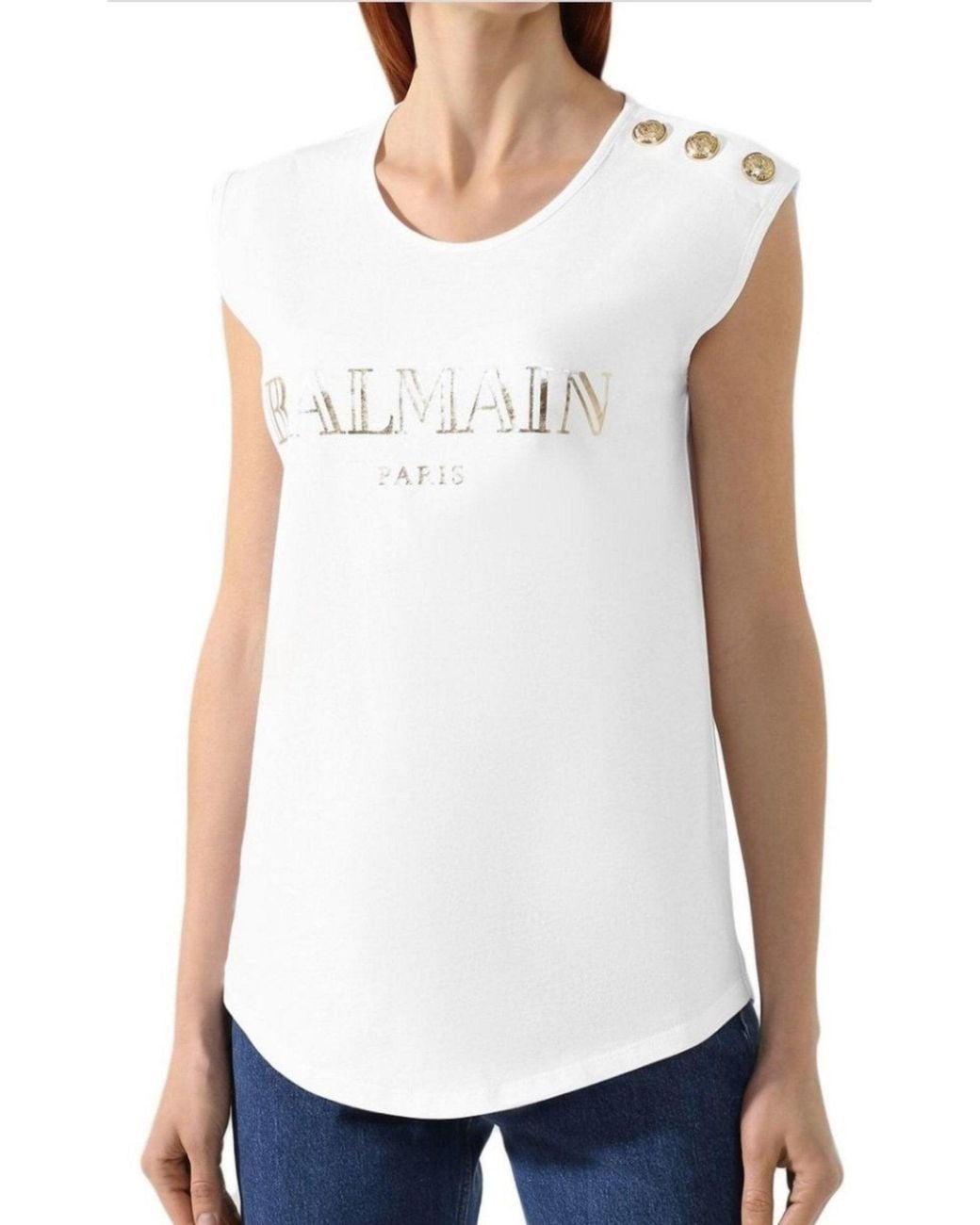 Balmain White Sleeveless T-shirt With Gold Logo & Buttons