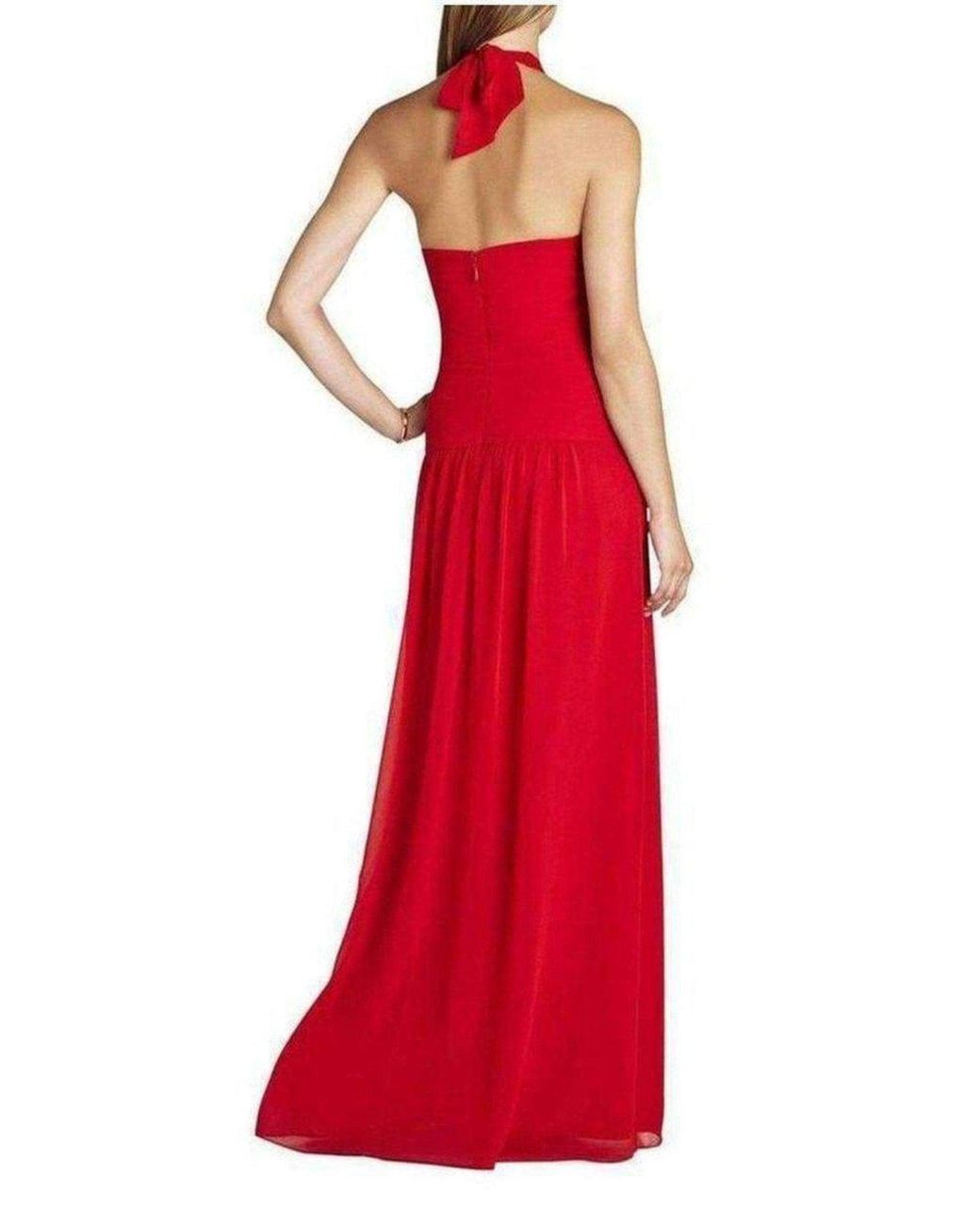 BCBGMAXAZRIA Red Selene Halter Neck Ruched Dress