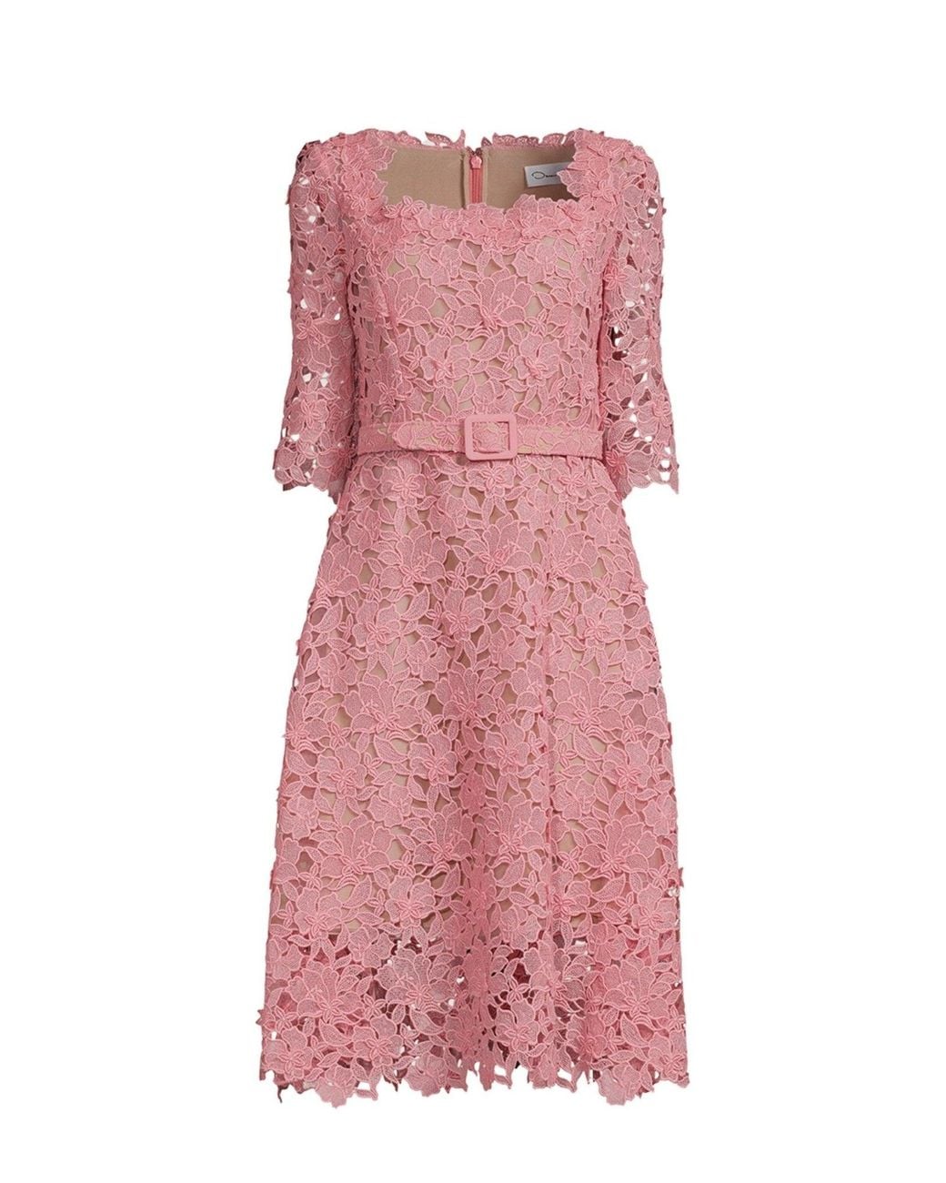 Oscar de la Renta Pink Floral Guipure Lace Belted Dress