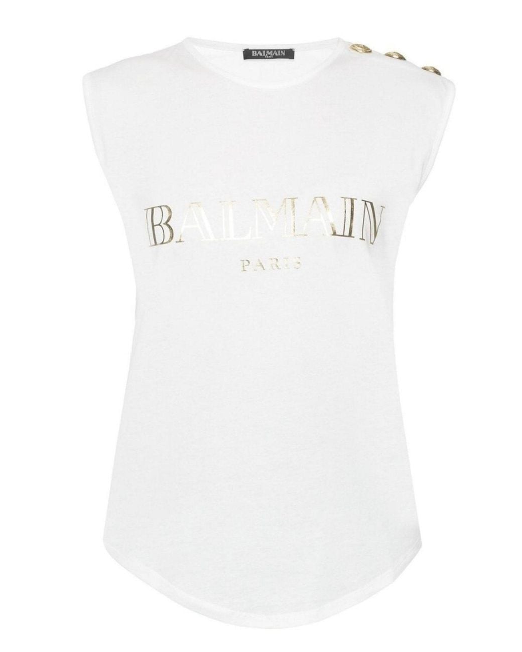 Balmain White Sleeveless T-shirt With Gold Logo & Buttons