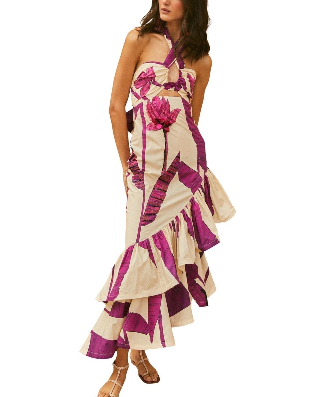 Johanna Ortiz Purple Careless Floral Ruffle Midi Dress