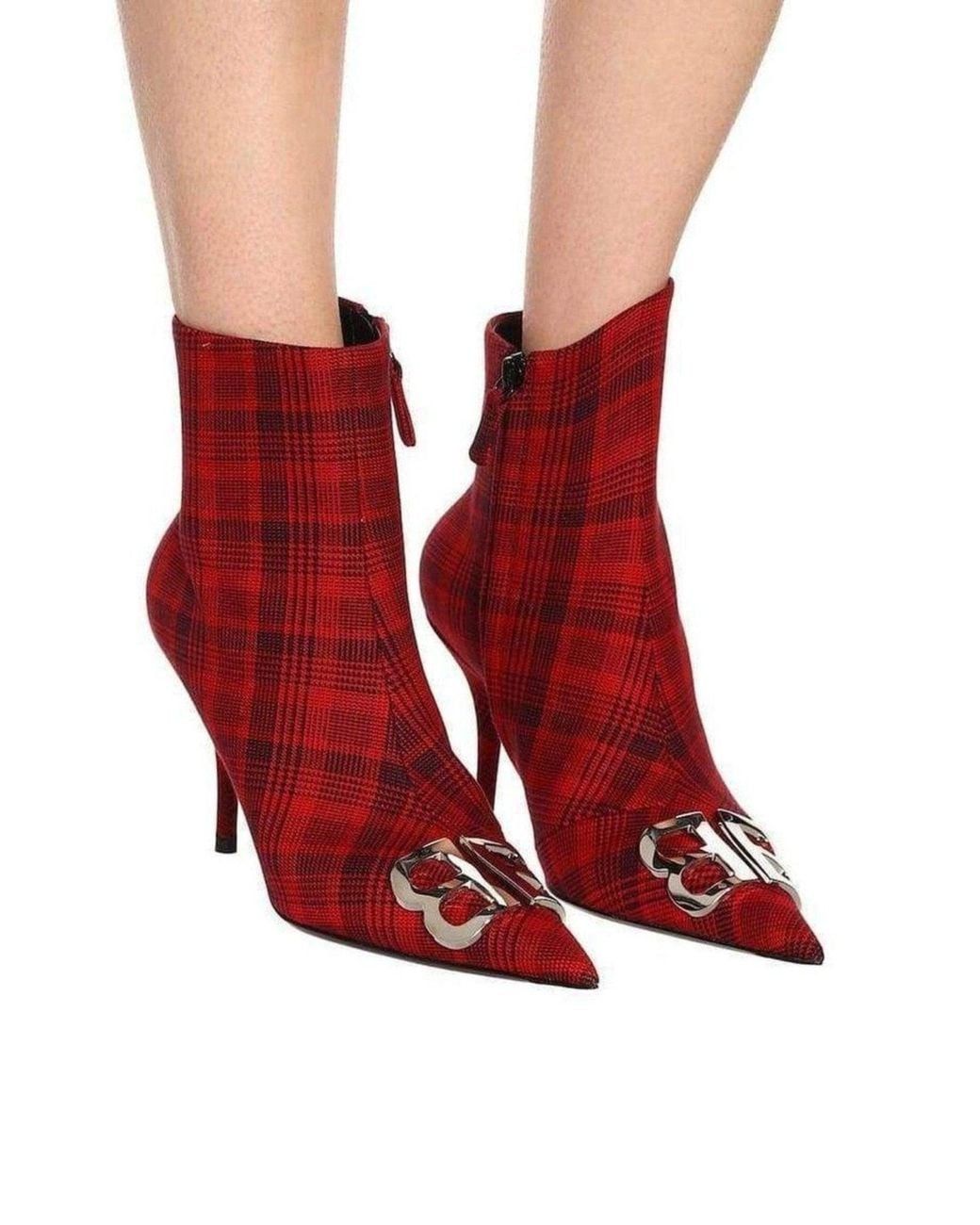 Balenciaga Red Logo Plaid Canvas Ankle Boots