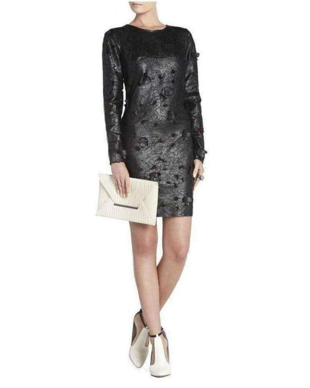 BCBGMAXAZRIA Black Embroidered Cutout Faux Leather Dress