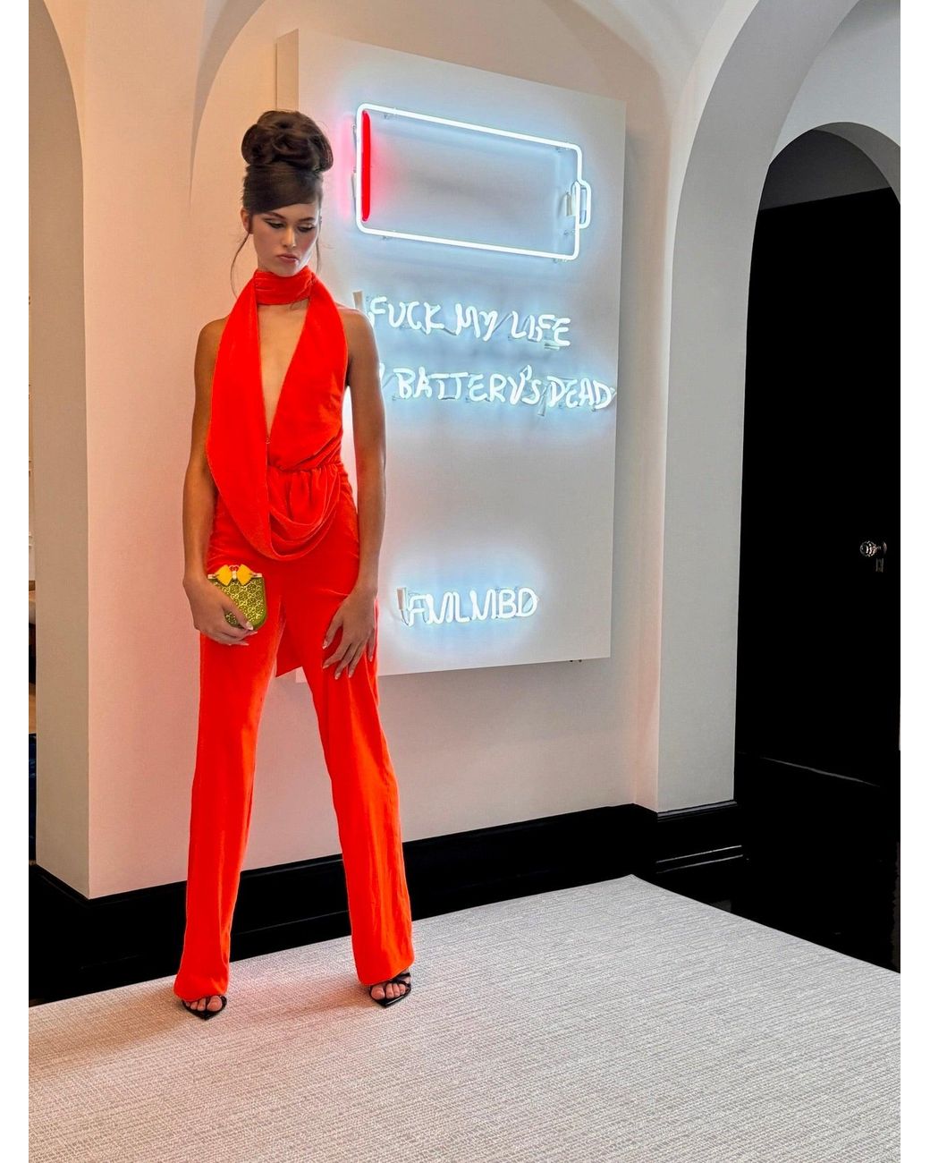 Area Red Draped Cowl Jumpsuit