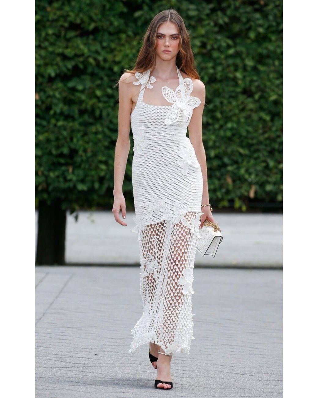 Oscar de la Renta White Halter Orchid Crochet Knit Dress