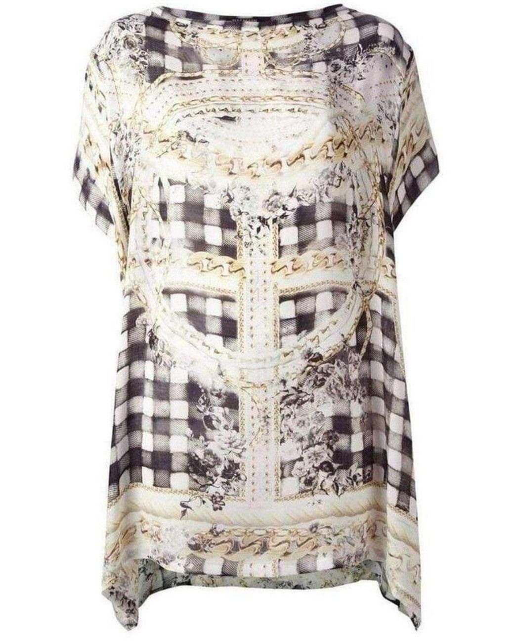 Balmain Gray Cream Printed Silk Tunic Dress With Batwing Sleeves
