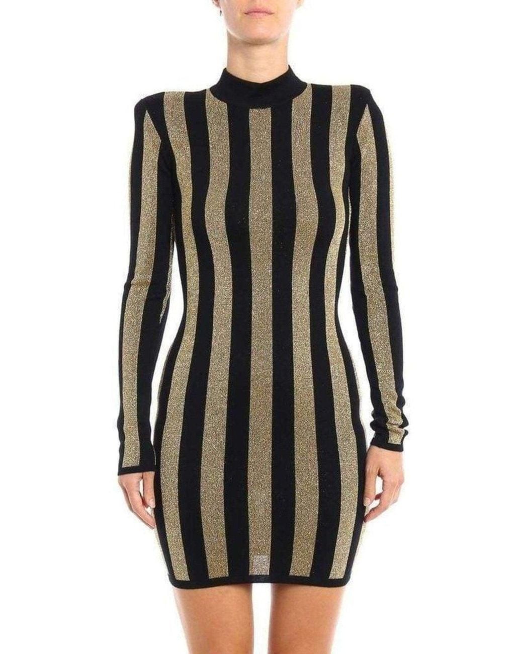 Balmain Lurex Gold Black Striped Pattern Mini Dress