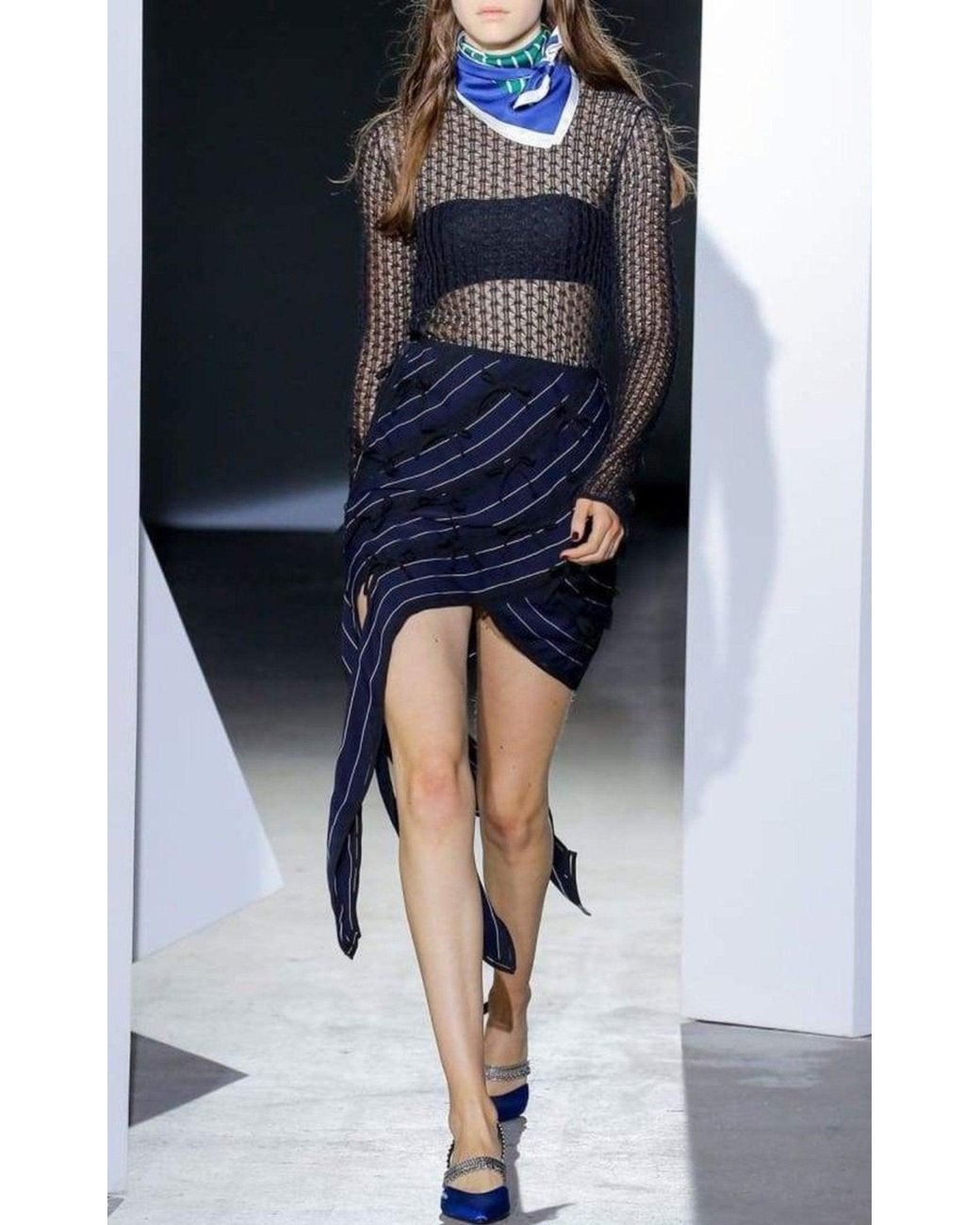 Self-Portrait Blue Pinstripe Ribbon Asymmetric Panelled Mini Skirt Uk 8