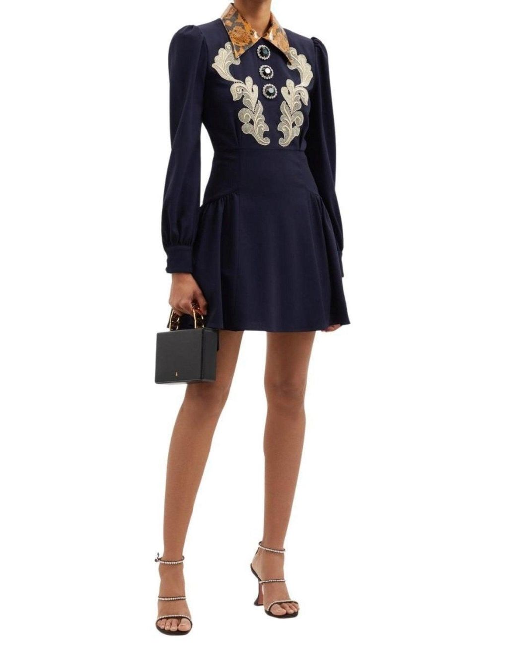 Alessandra Rich Blue Wool Crepe Mini Dress With Python-print Collar