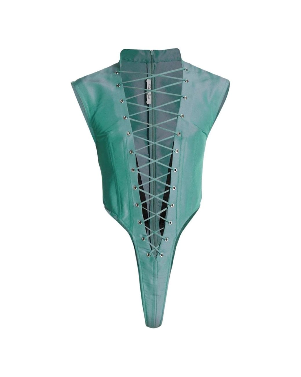 LAQUAN SMITH Green Sleeveless Lace Up Bodysuit Aqua Blue