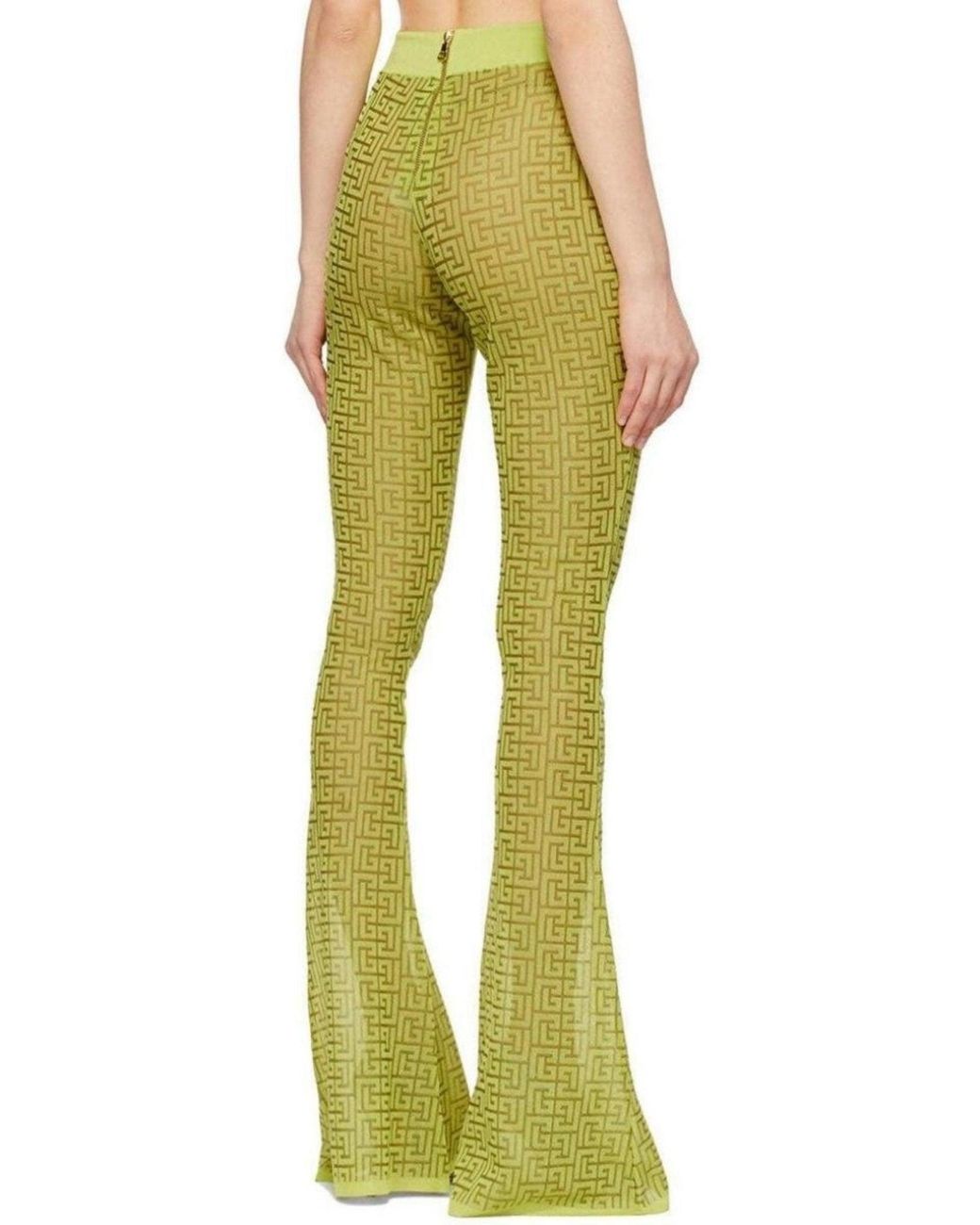 Balmain Green Semi-sheer Monogram Pattern Flared Pants