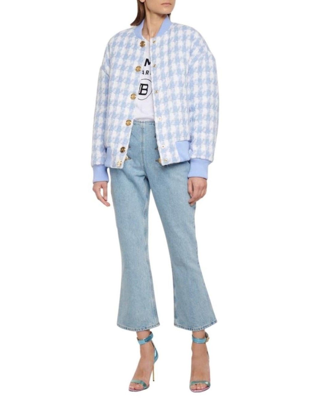 Balmain Blue Houndstooth Cotton-blend Tweed Bomber Jacket