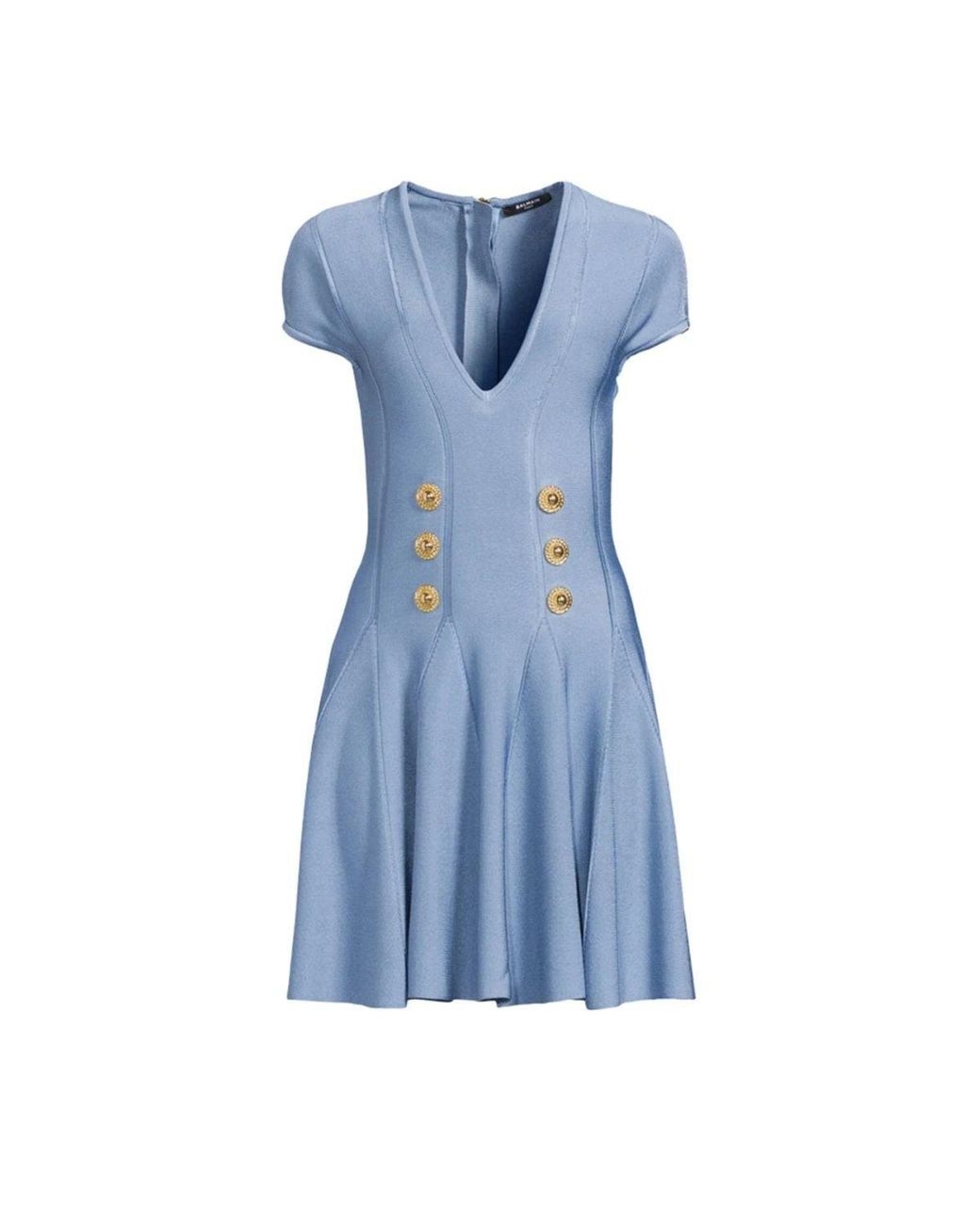 Balmain Blue Fine-knit V-neck Mini Skater Dress