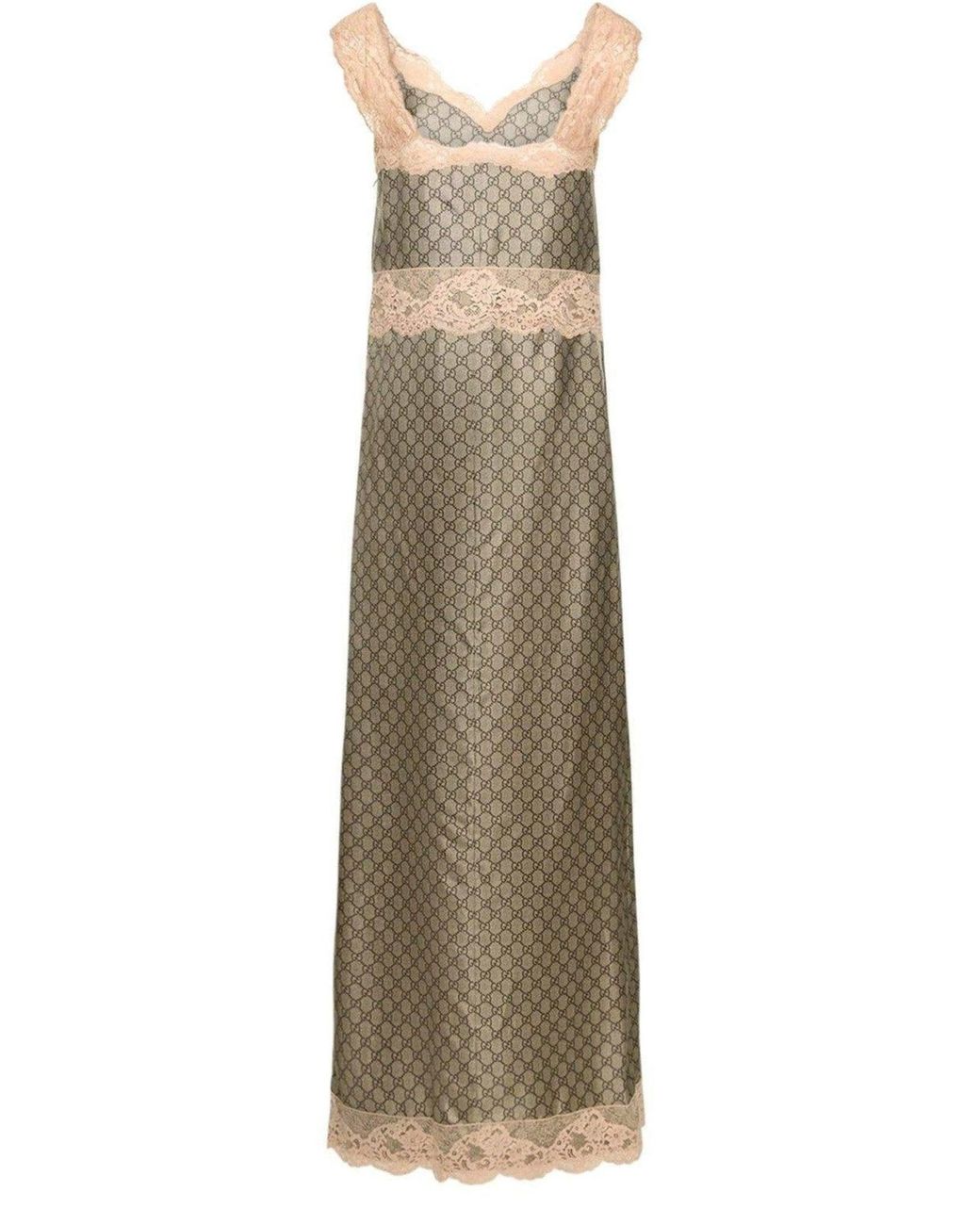 Gucci Natural GG Supreme Lace Trim Silk Maxi Dress
