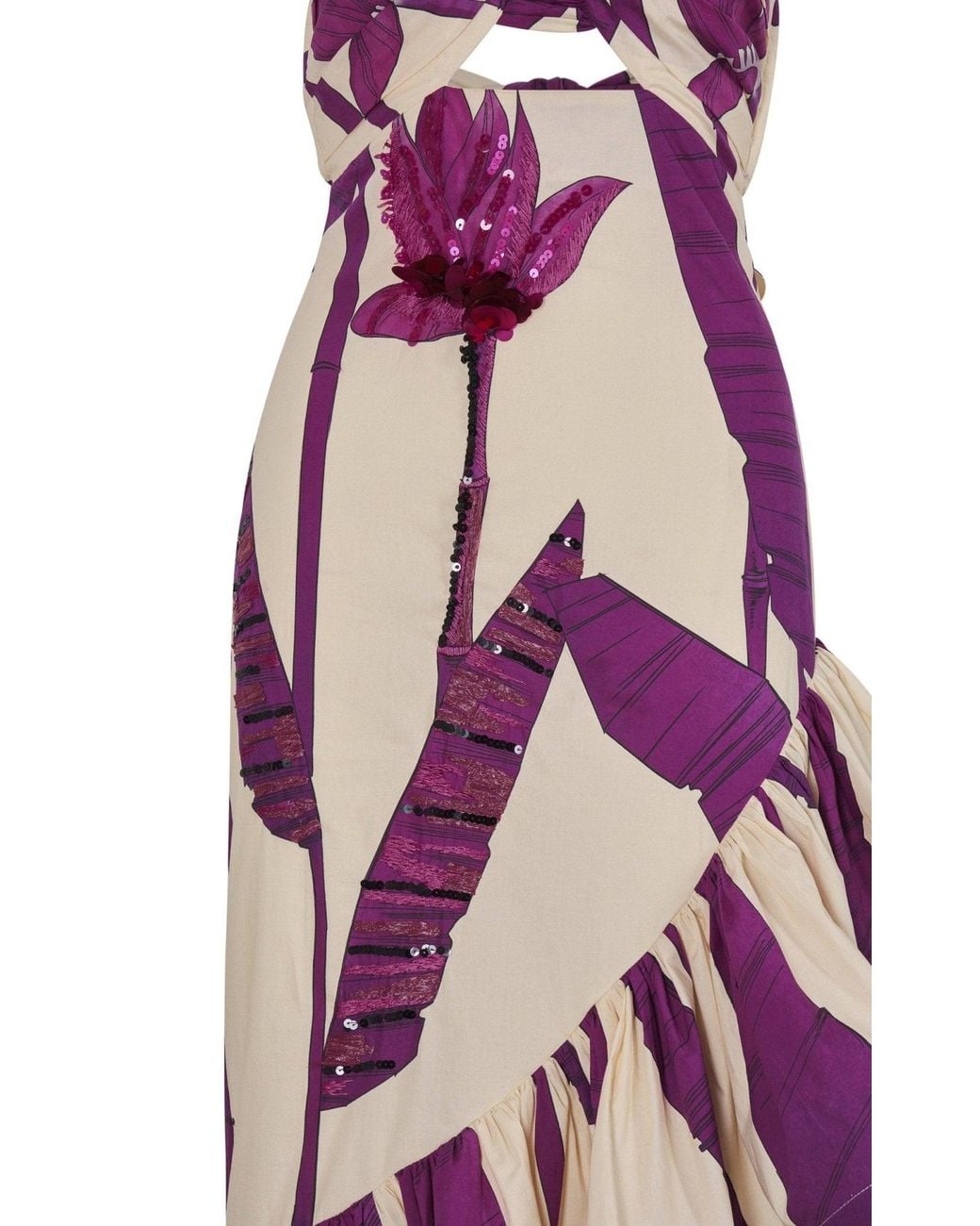Johanna Ortiz Purple Careless Floral Ruffle Midi Dress