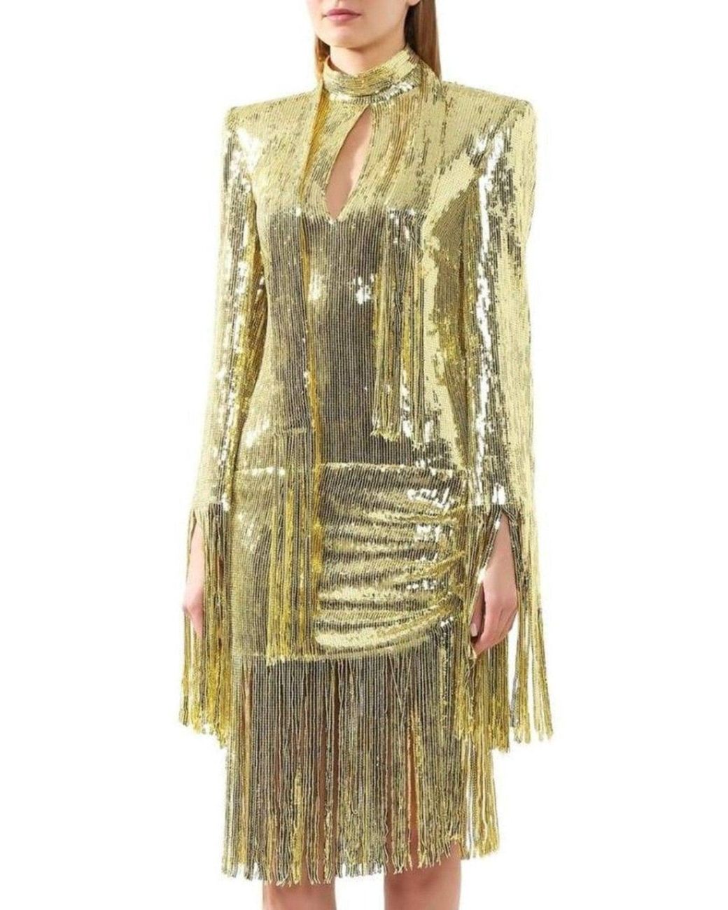 Balmain Metallic Gold Sequin Fringed Midi Dress