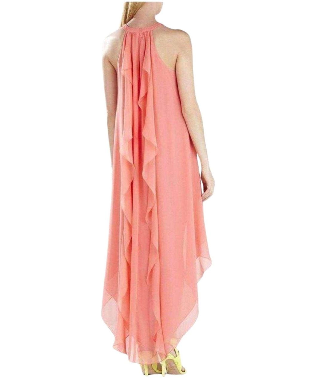 BCBGMAXAZRIA Pink Kelsia Cascade Ruffle Halter Dress