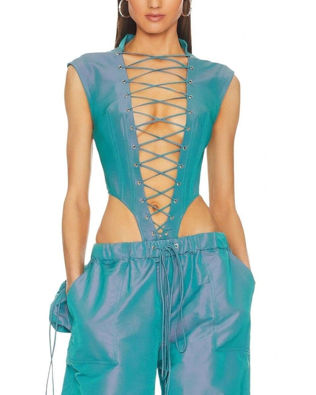 LAQUAN SMITH Green Sleeveless Lace Up Bodysuit Aqua Blue
