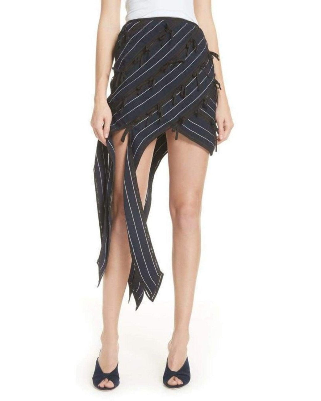 Self-Portrait Blue Pinstripe Ribbon Asymmetric Panelled Mini Skirt Uk 8