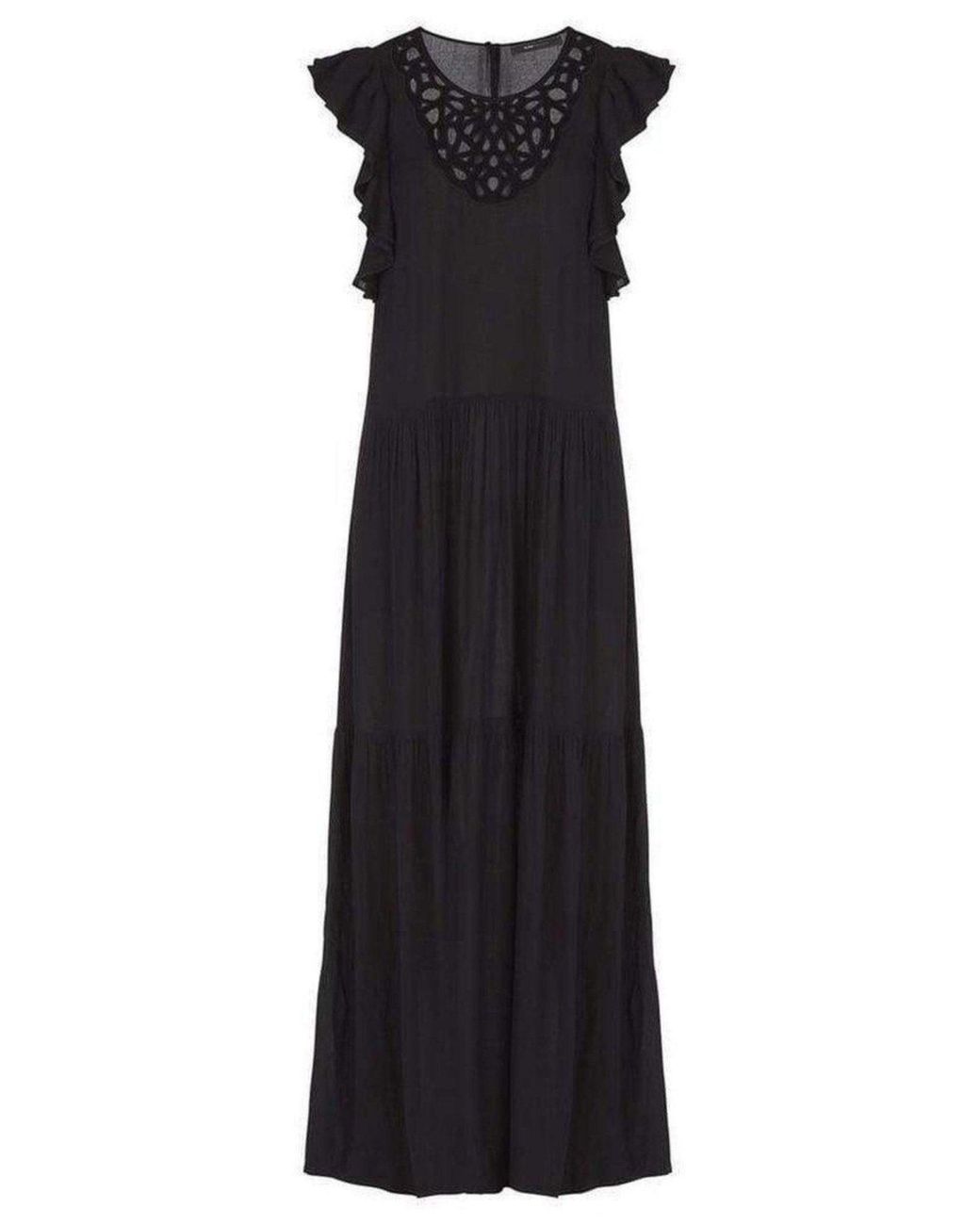 BCBGMAXAZRIA Black Lyndsy Flutter Sleeve Cutout Embroidered Maxi Dress