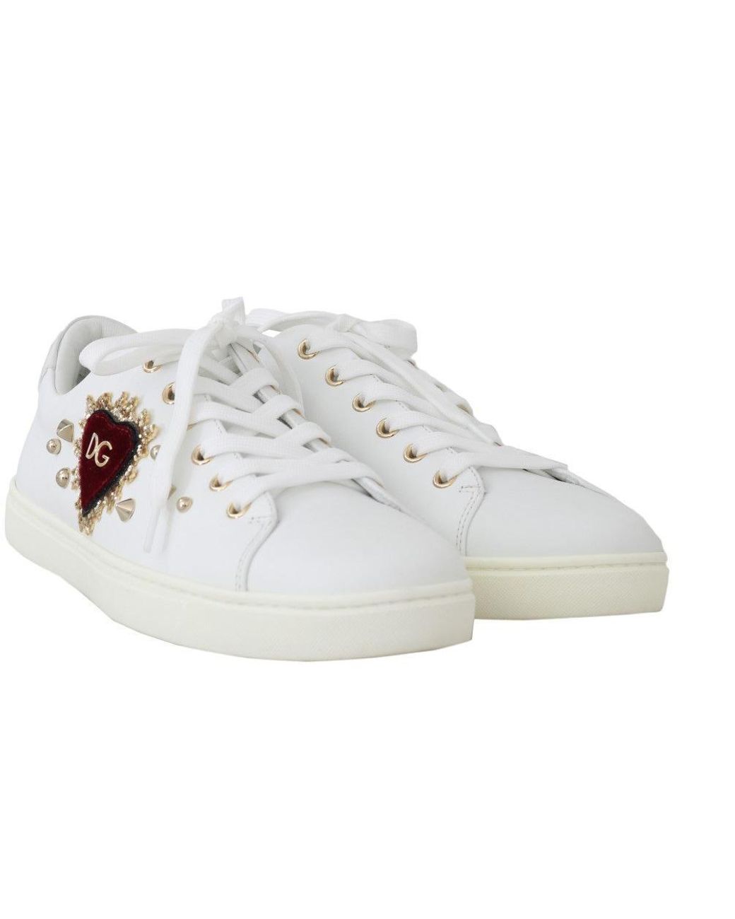 Dolce & Gabbana White Leather Gold Red Heart Sneakers | Lyst