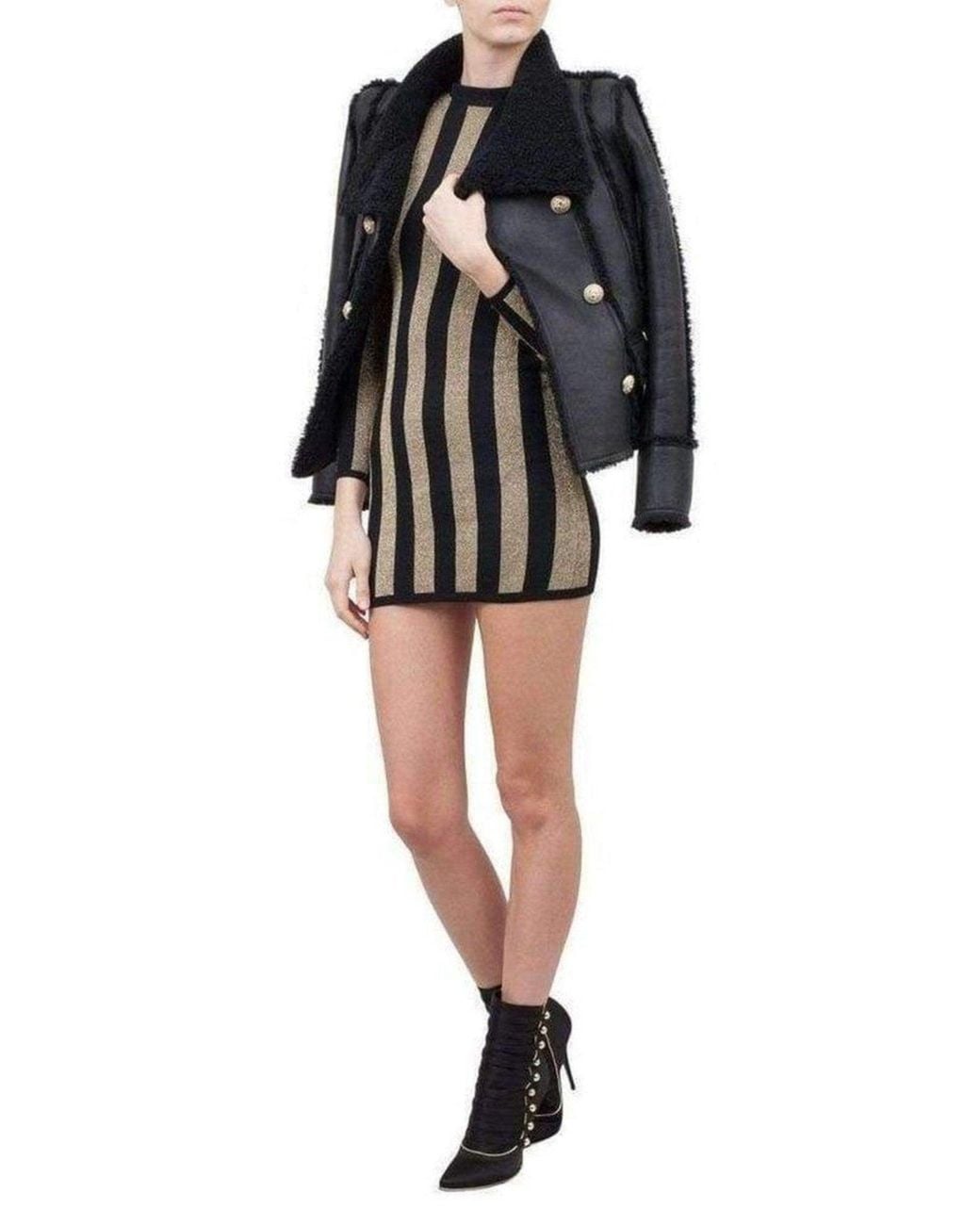 Balmain Lurex Gold Black Striped Pattern Mini Dress