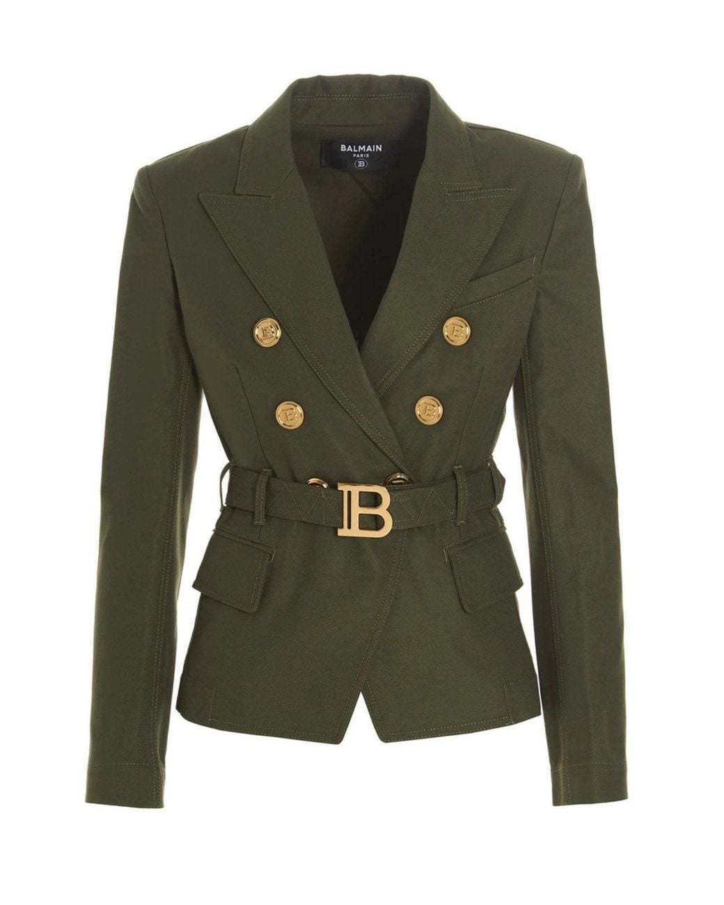 Balmain Green Belted Double-breasted Cotton Blazer