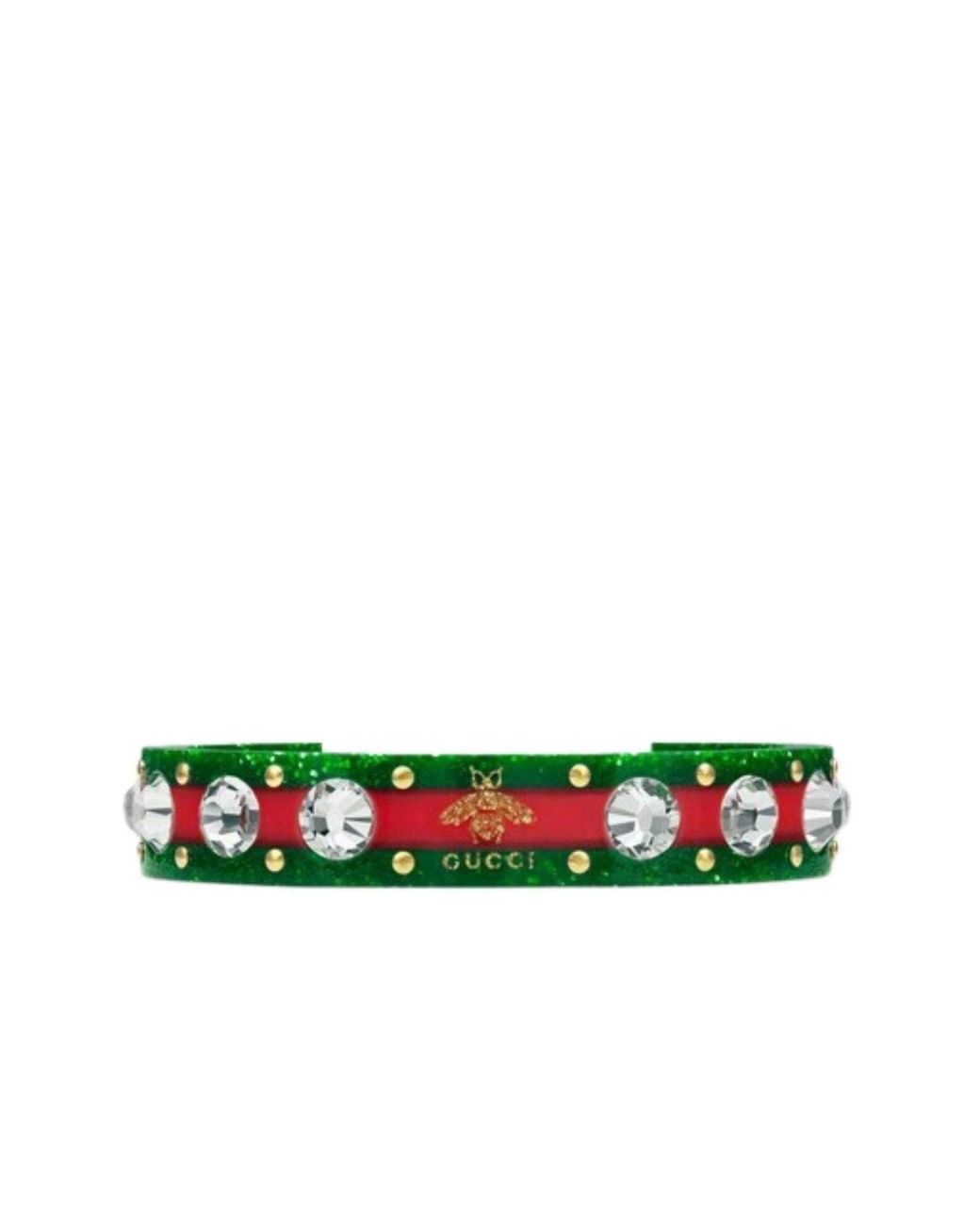 Gucci Green Vintage Web Cuff Bracelet With Crystals